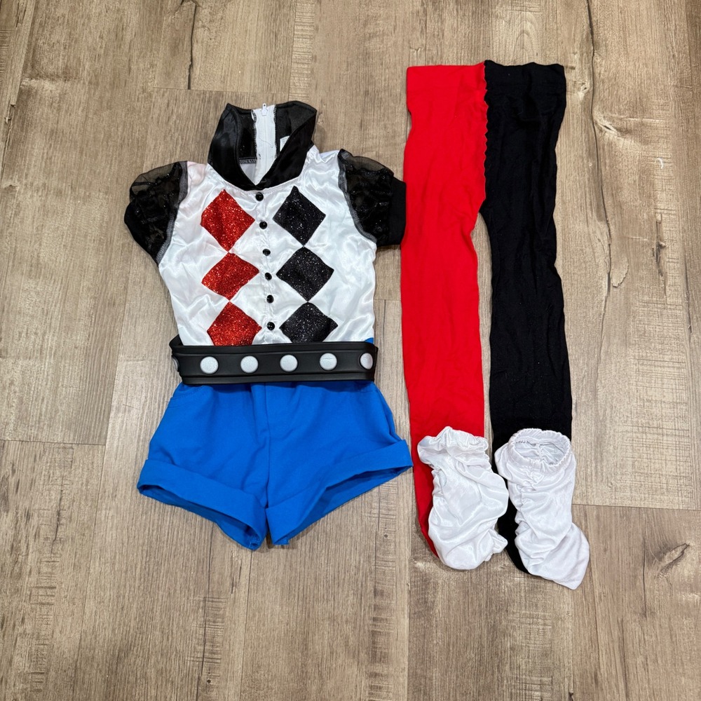 Harley Quinn Costume Kids Small 4-6 Jumpsuit Belt Tights Harlequin Glitter
